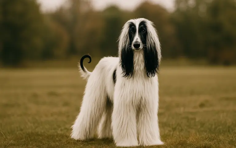 White and black Afghan Hound standing on grass with blurred trees in the background.