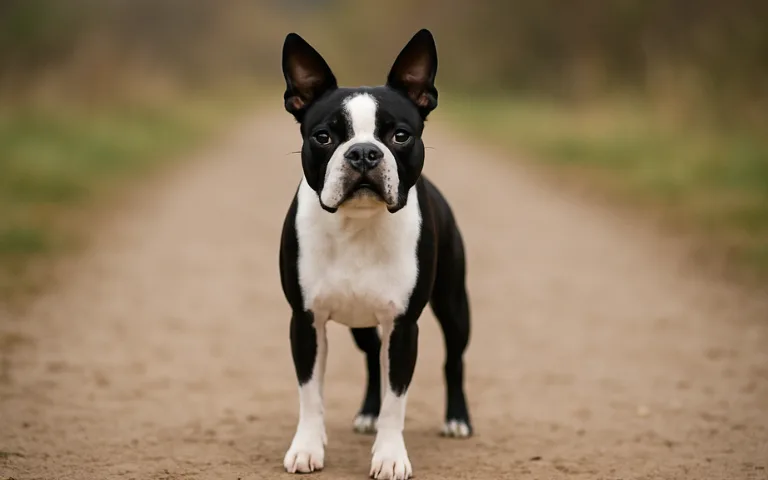 Boston Terrier dog front pose on a dirt path in a natural outdoor background.