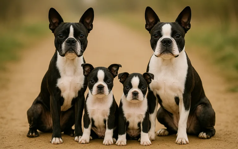 Boston Terrier with Family - Friendly Companion Dog Boston Terrier Dog sitting happily with their family