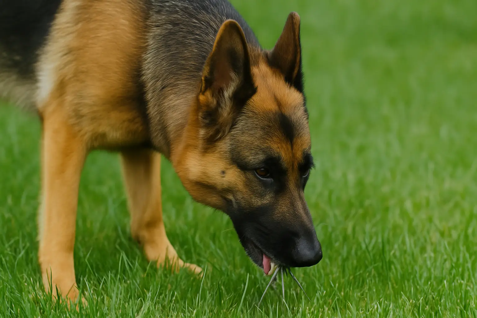 German Shepherd eating grass