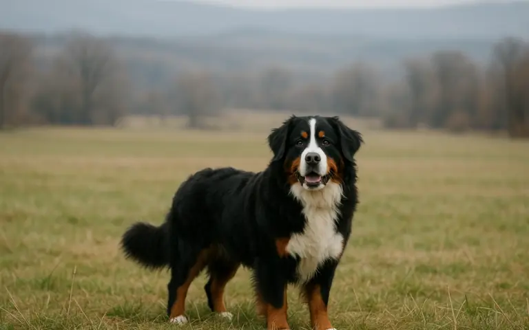 Bernese Mountain Dog standing proudly outdoors