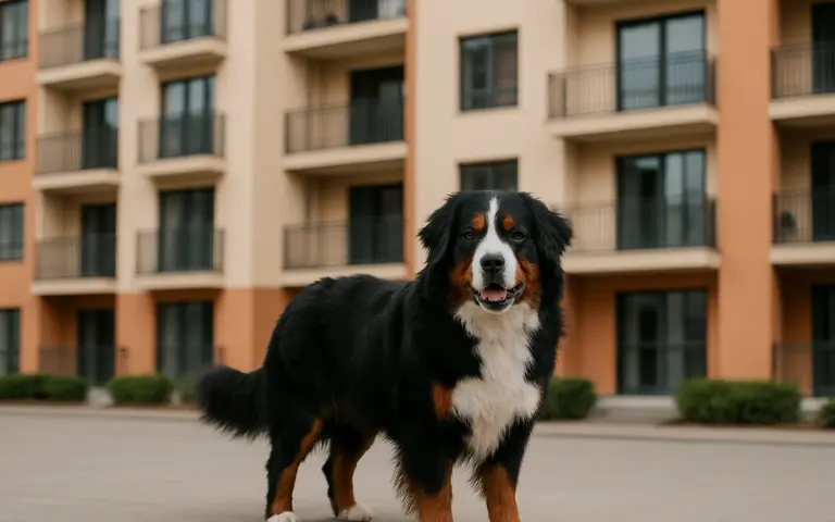 Bernese Mountain Dog sitting inside apartment