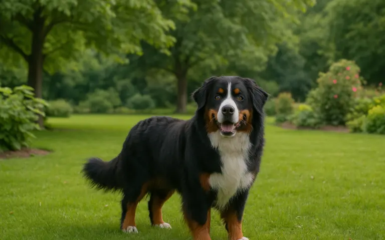 Bernese Mountain Dog standing on green grass in a garden with trees in the background
