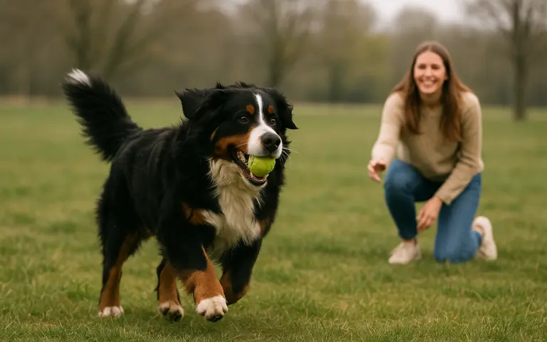 Bernese Mountain Dog sitting with a woman