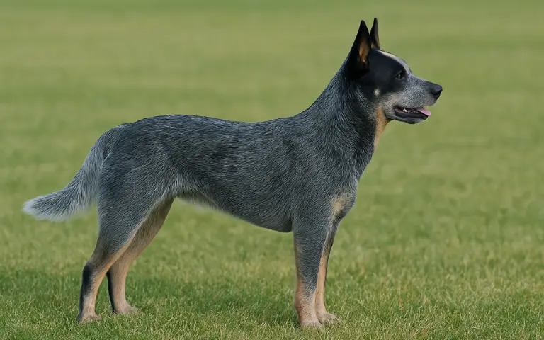 Blue Heeler dog standing on green grass, facing right with an alert posture.