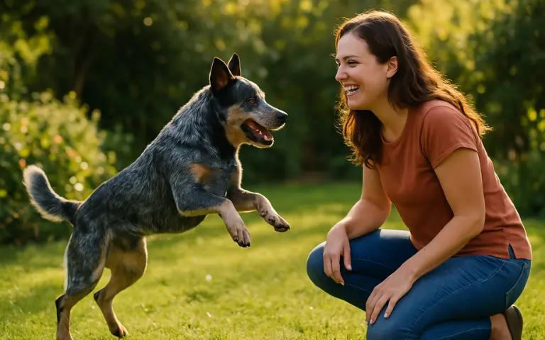 Blue Heeler dog playing happily with a woman