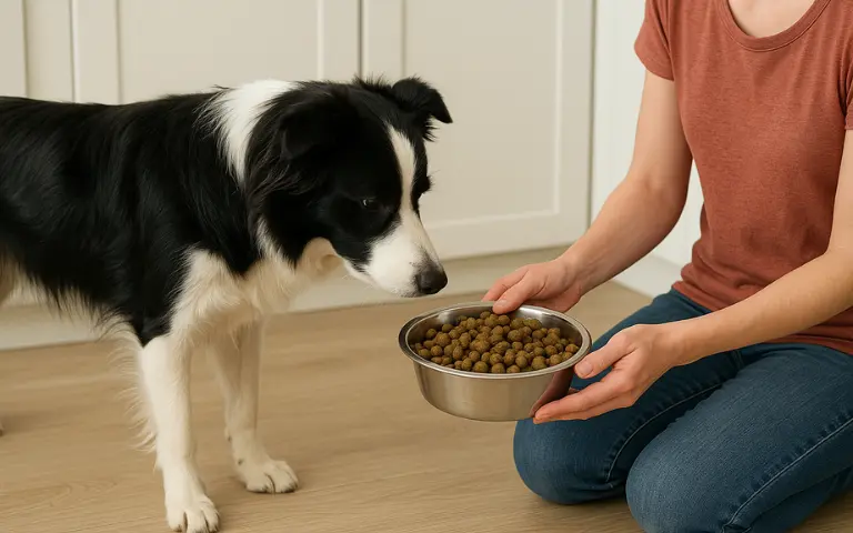 Border Collie standing in grass, photo for diet and nutrition article, side view