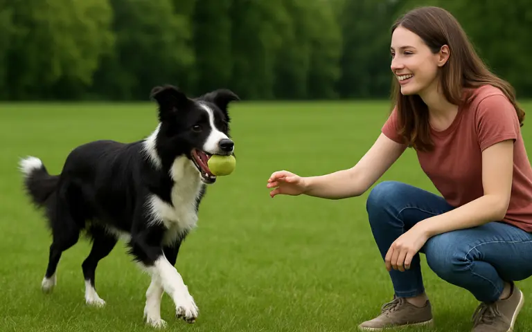 Smiling lady sitting with her Border Collie outdoors