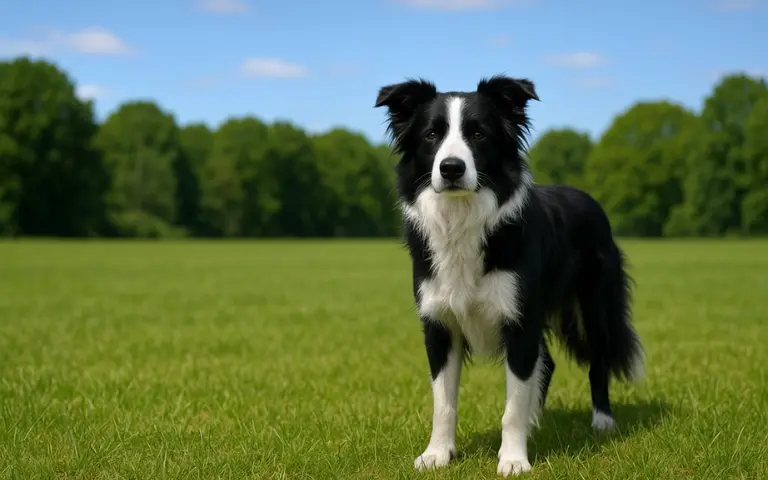 Black and white Border Collie standing in a grassy field, side pose