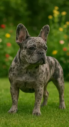 Merle French Bulldog standing on grass with flowers in background.