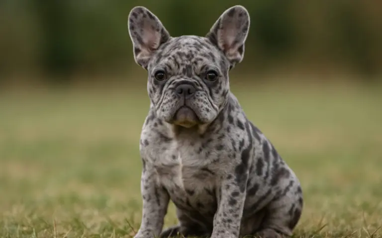 A Merle French Bulldog puppy sitting on grass and looking directly at the camera.